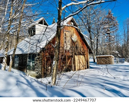 Rustic Sugar Shack in the province of Quebec in Canada on a beautiful winter day.  Royalty-Free Stock Photo #2249467707