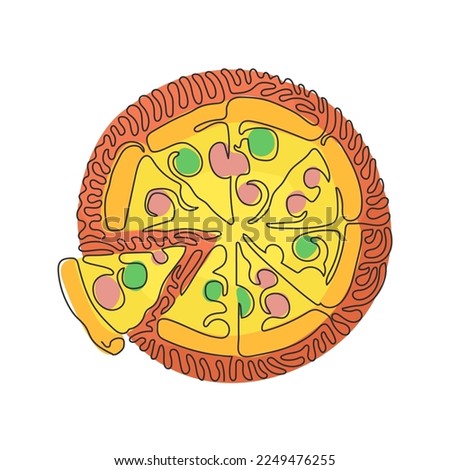 Single continuous line drawing pizza with tomato, cheese, olive, sausage, onion, basil. Traditional Italian fast food. Swirl curl circle background style. Dynamic one line draw graphic design vector