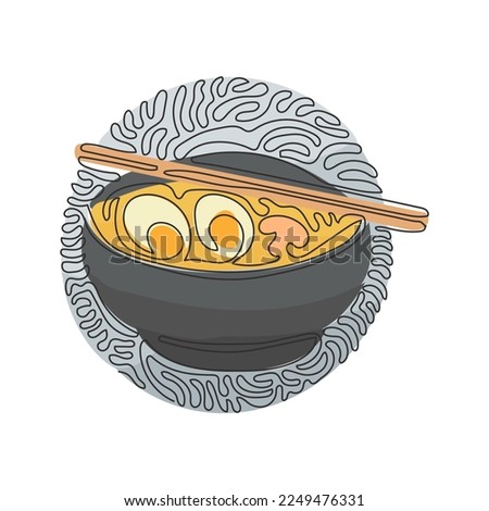 Single one line drawing Japanese food ramen noodles with various toppings in bowl. Traditional Asian noodle soup. Swirl curl circle background style. Modern continuous line draw design graphic vector