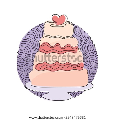 Single continuous line drawing wedding cake with love shape on top. Sweet cake for celebrate marriage party. Swirl curl circle background style. One line draw graphic design vector illustration