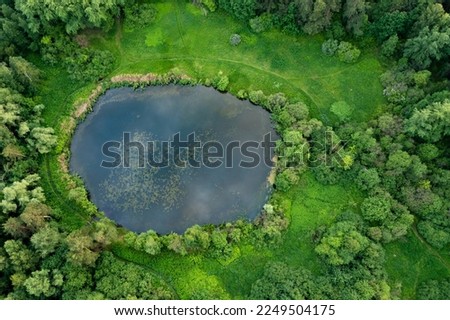 Top view of the aero lake, green dark forest and the lake shore. Cloudy summer day.Ural