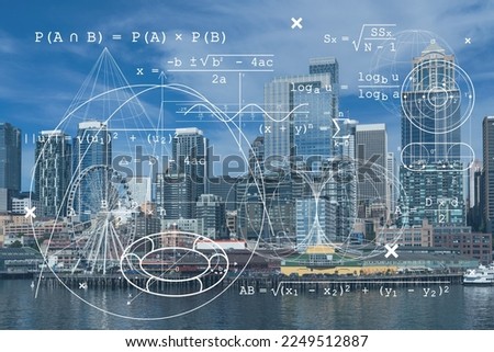 Seattle skyline with waterfront view. Skyscrapers of financial downtown at day time, Washington, USA. Technologies and education concept. Academic research, top ranking university, hologram