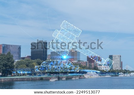 Panorama Boston city view skyline and Massachusetts Institute of Technology campus at day time. Glowing hologram legal icons. The concept of law, order, regulations and digital justice.