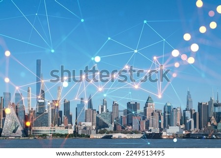 New York City skyline from New Jersey over the Hudson River towards Midtown Manhattan at day time. Social media hologram. Concept of networking and establishing new people connections