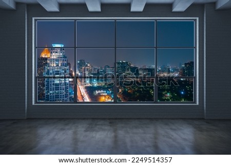Empty room Interior Skyscrapers View Bangkok. Downtown City Skyline Buildings from High Rise Window. Beautiful Expensive Real Estate overlooking. Night time. 3d rendering. Royalty-Free Stock Photo #2249514357