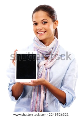 Happy woman, portrait or showing tablet mockup on isolated white background of social media or website app. Digital technology, mock up or blank advertising space for smile or studio learning student