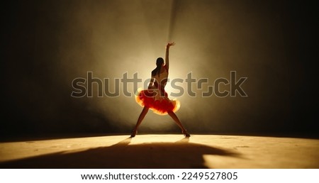 Talented asian female teenager is performing ballroom sport dance on stage with smoked black background - childhood dream, childhood memories concept  Royalty-Free Stock Photo #2249527805