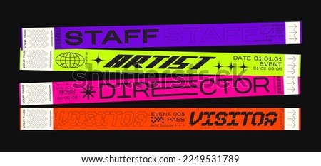 Paper bracelets for concert, vip zone or festival. Festival ticket vector mockup in retro futuristic style. sticky wristbands pass, access control vector design Royalty-Free Stock Photo #2249531789