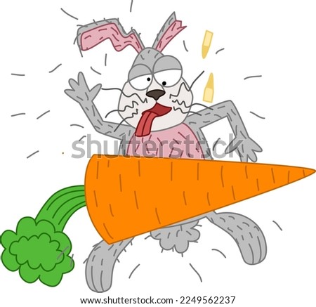 A large carrot fell on the gray hare. Vector illustration