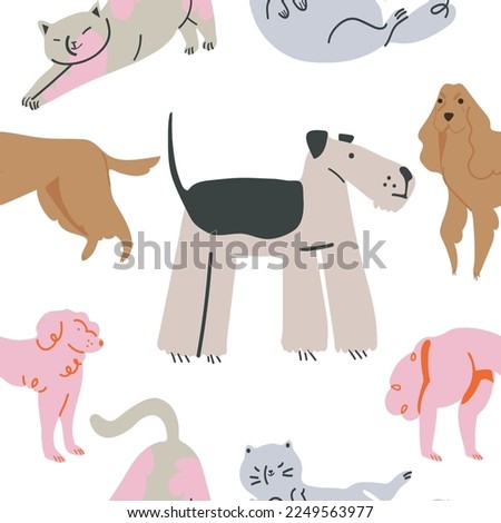 Semlles pattern. Cartoon dogs  and cats characters design collection with flat color in different poses. Vector illustration 