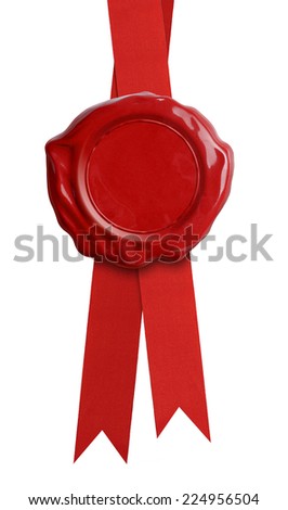 Wax seal with red ribbon isolated on white