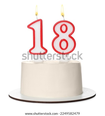 18th birthday. Delicious cake with number shaped candles for coming of age party isolated on white