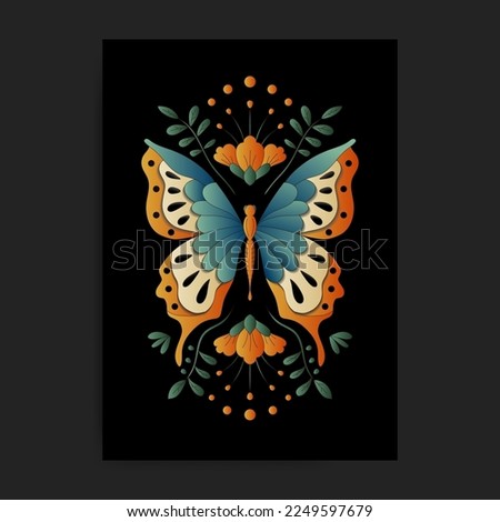 Retro color stylized butterfly with plant and flower decoration