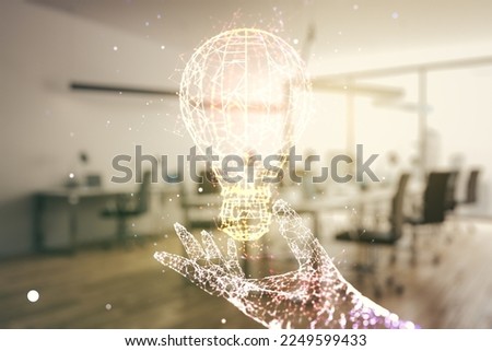 Abstract virtual light bulb illustration on a modern furnished classroom background, future technology concept. Multiexposure