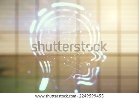 Abstract virtual artificial Intelligence concept with human head sketch on modern interior background. Double exposure