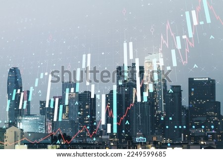 Double exposure of virtual creative financial diagram on Los Angeles office buildings background, banking and accounting concept