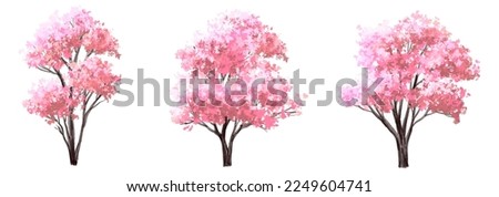 Vector watercolor blooming flower tree side view isolated on white background for landscape and architecture drawing, elements for environment and garden,botanical elements for section in spring