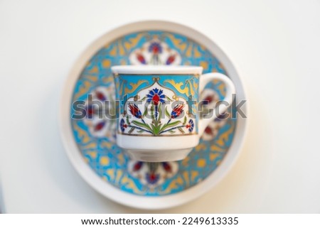Turkish coffee Cup in the Ottoman Tile Motifs Photo, Uskudar Istanbul, Turkey