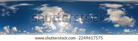 Blue sky panorama with puffy Cumulus clouds. Seamless hdr pano in spherical equirectangular format. Sky dome or zenith for 3D visualization, game and sky replacement for aerial drone 360 panoramas. Royalty-Free Stock Photo #2249617575
