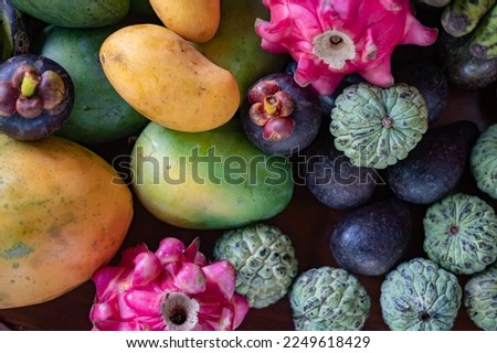 Set of Balinese fruits and vegetables . Flat lay
