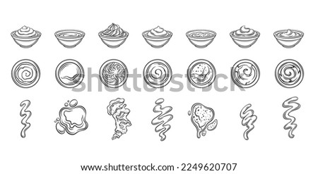 Sauces outline icons set vector illustration. Line hand drawing variety sauces for restaurant menu in bowls and cups, wave and strip splashes and drops of BBQ ketchup mustard mayonnaise wasabi chili Royalty-Free Stock Photo #2249620707