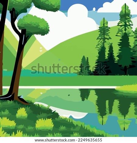 Vector illustration of beautiful spring fields with forest, mountains pond Landscape with dawn, green hill, bright blue sky. landscape with plants, leaves, flowers - greeting card, poster advertising 