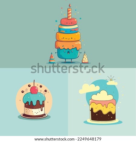 Adorable kiddy cartoon cute cake slice birthday wedding with fruits and topping, muzzle with faces and winking eyes, pastel bright colors, birthday, Vector, collection set, children illustration