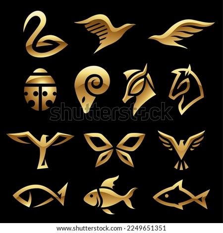 Golden Glossy Abstract Animal Icons on a Black Background