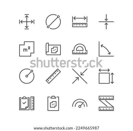 Set of measure related icons, radius, diameter, depth, axis, area and linear variety vectors.
