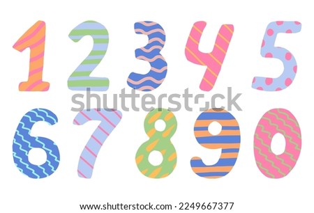 Set of ornamental numbers doodle. Hand drawing vector illustration in flat style. Bright clip arts for Birthday party, design, decor isolated on white..