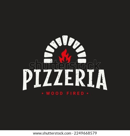 Pizza logo with pizzeria oven shovel. Wood fired pizza on black background