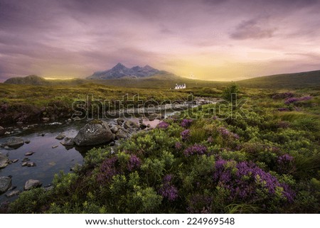 Colorful sunset over the Scottish Higlands, river Sligachan, Scotland Royalty-Free Stock Photo #224969548