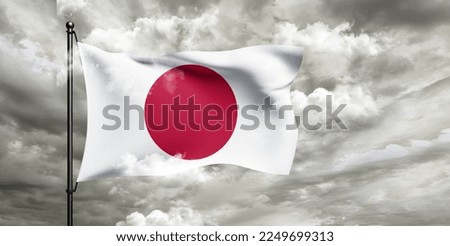 Japan national flag cloth fabric waving on beautiful grey sky.
