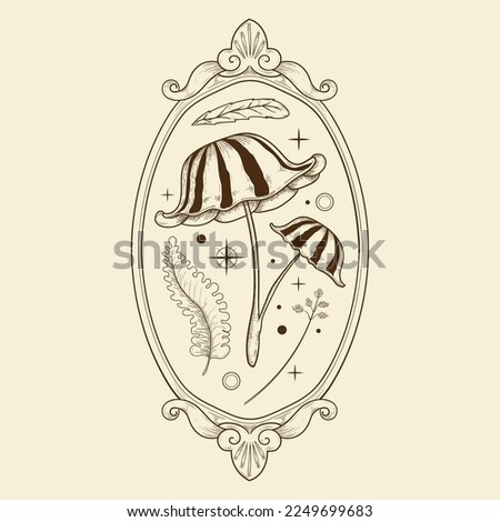 Vintage style vector mushroom, leaves and branches in old oval frame illustration. Plants botanical mystic line art object. For logo, prints, cards, design, decor. Witchy magical botany clip art.