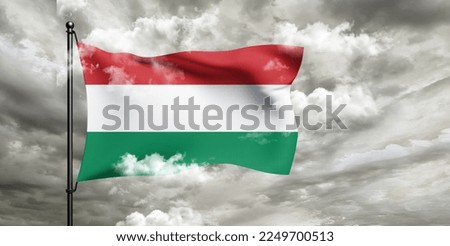 Hungary national flag cloth fabric waving on beautiful grey sky.