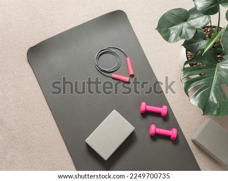 Stylish gray and pink home fitness flat lay. Top view of gray sport mat, yoga block, skipping rope and pink dumbbells on neutral carpet background, monstera plant. Set for pilates, fitness, yoga Royalty-Free Stock Photo #2249700735