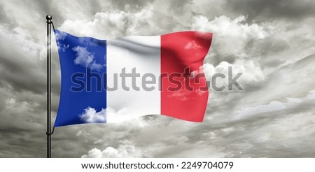 France national flag cloth fabric waving on beautiful grey sky.