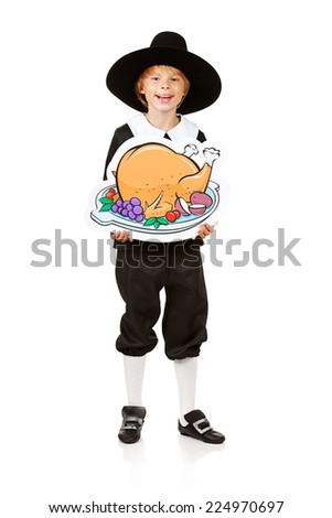 Thanksgiving: Pilgrim Boy Holds Cartoon Turkey