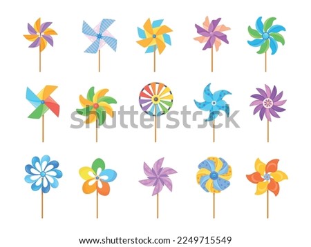 Windmill toy. Paper pinwheel toys, cartoon wind vane summer breeze weather, colored child origami mill pin wheel with flower for baby fan weathercock, neat vector illustration of wheel windmill rotate Royalty-Free Stock Photo #2249715549