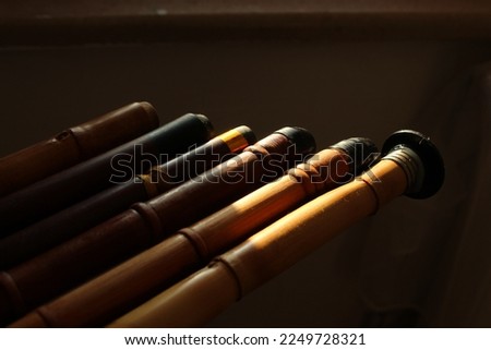 Ney blowing instruments together under sunlight in a mystic environment. High quality photo. Neyis Royalty-Free Stock Photo #2249728321