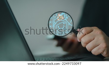 Red human icon inside of magnifier glass for customer focus and customer relation management or CRM concept. Search and track people. GPS technology concept. Royalty-Free Stock Photo #2249733097