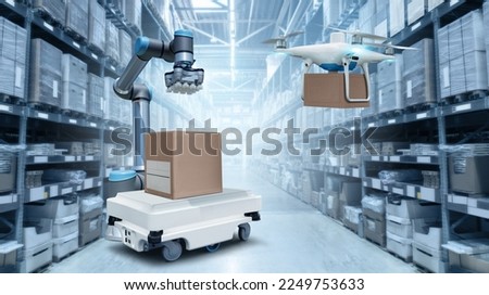 Concept of unmanned automated warehouse with robots and drones. Smart Industry 4.0 Royalty-Free Stock Photo #2249753633