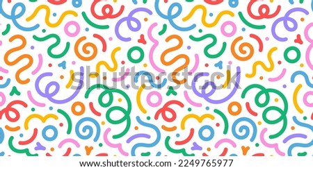 Fun colorful line doodle seamless pattern. Creative minimalist style art background for children or trendy design with basic shapes. Simple party confetti texture, childish scribble shape backdrop. Royalty-Free Stock Photo #2249765977