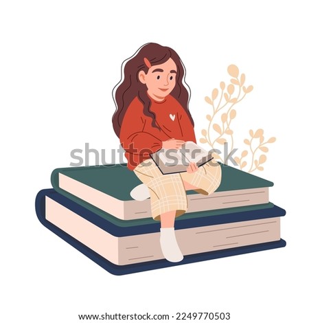 Girl reading, sitting on stacks of books Royalty-Free Stock Photo #2249770503