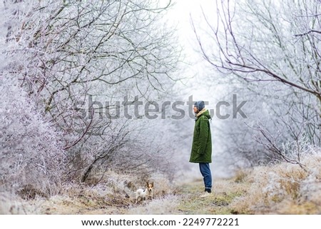 beautiful  winter  landscape with man playing dog background with snow covered trees Сhristmas hoarfrost Snow  path dry grass White Alley background Moldova
