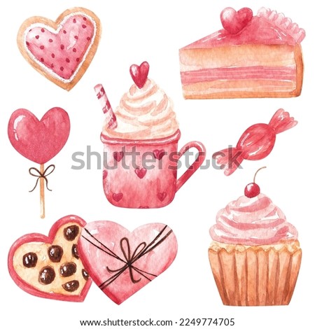 Hand drawn watercolor sweets as chocolate candies, cake, cupcake, lollipop, mug with cocoa and whipped cream, biscuit. Watercolour clip art for Valentines day