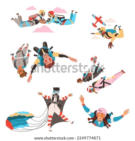 People Characters Skydiving Falling Down with Parachute and in Wingsuit Vector Set