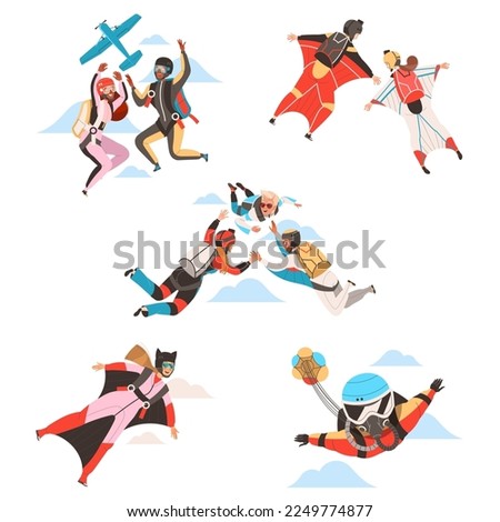 People Characters Skydiving Falling Down with Parachute and in Wingsuit Vector Set