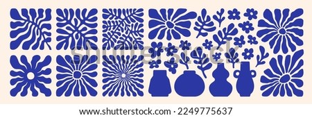 Matisse curves aestethic. Groovy abstract flower art set. Organic floral doodle shapes in trendy naive retro hippie 60s 70s style. Botanic vector illustration in blue color. Royalty-Free Stock Photo #2249775637