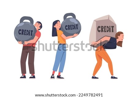 Severity of Mortgage with Man and Woman Carrying Heavy Burden of Credit Vector Set Royalty-Free Stock Photo #2249782491